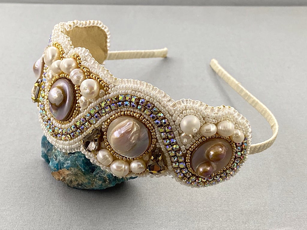 Bridal Cultured Mabe Pearl and Diamanté Bead Embroidered Side Tiara Headband