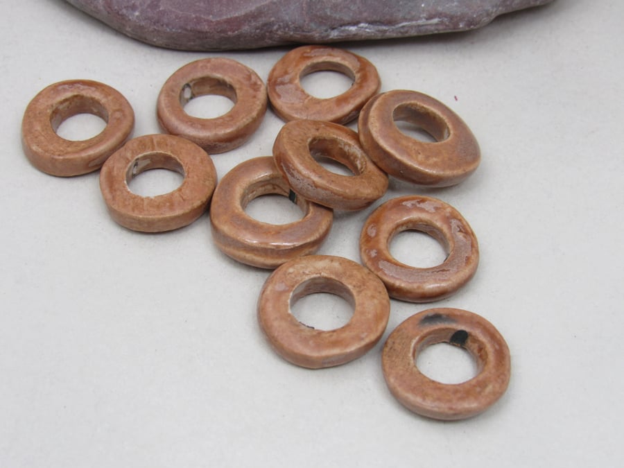 10 Medium Light Sand Glazed Ceramic Donut Beads