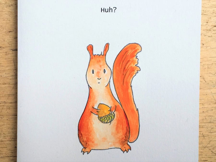 Quizzical Squirrel Handmade illustrated blank card on recycled card plastic free