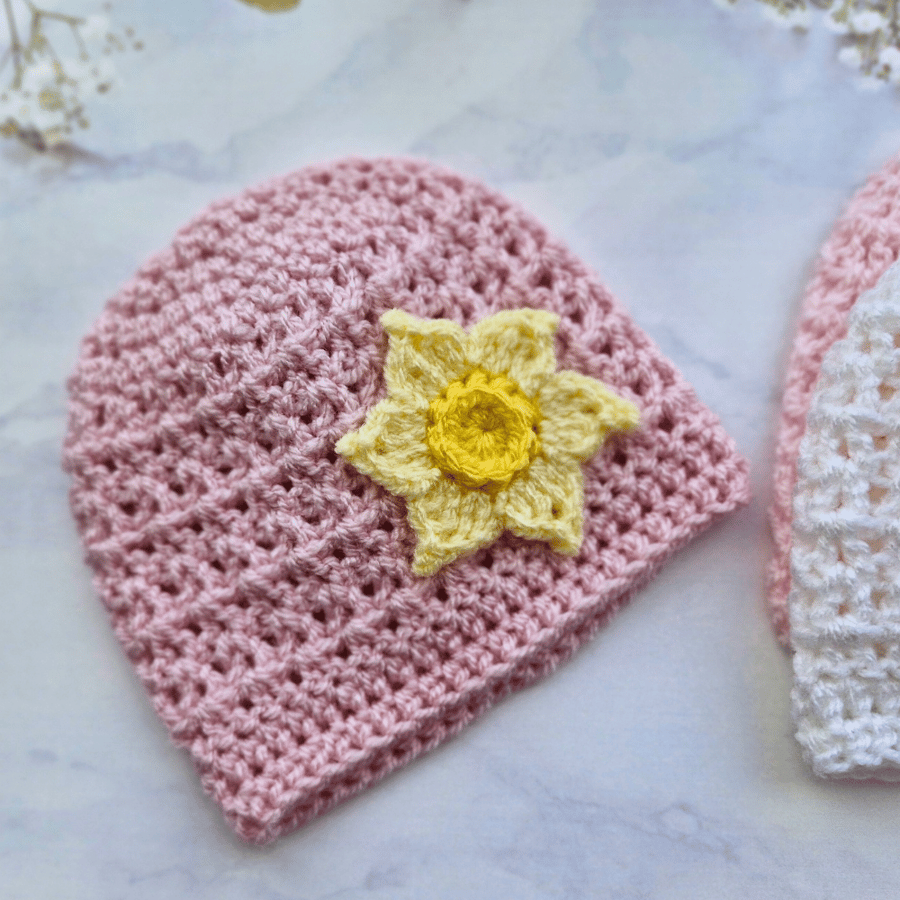 Newborn Crochet Baby Hat with Daffodil in Powder Pink - CLEARANCE