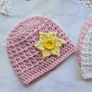 Newborn Crochet Baby Hat with Daffodil in Powder Pink - CLEARANCE