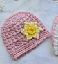 Newborn Crochet Baby Hat with Daffodil in Powder Pink - CLEARANCE