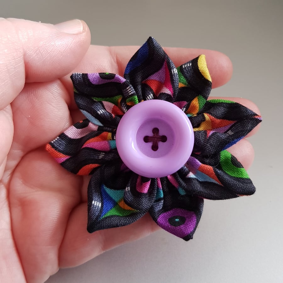 Multicolour Fabric Flower Brooch with Lilac Button - Bold Abstract Floral Pin