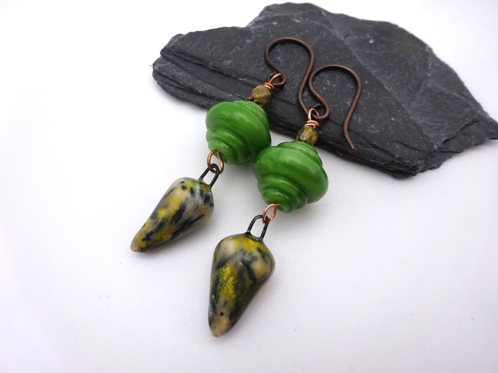 copper, green lampwork glass and ceramic earrings