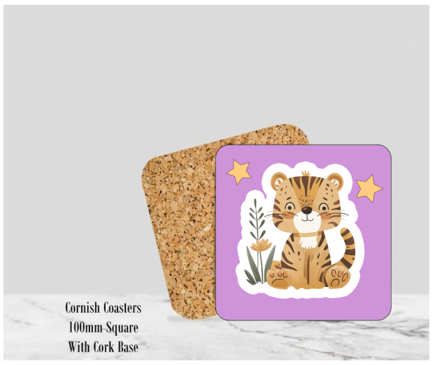 Purple Happy Tiger Coaster 4" Square With Cork Base