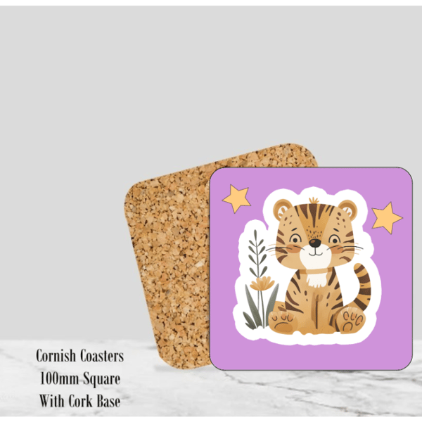 Purple Happy Tiger Coaster 4" Square With Cork Base