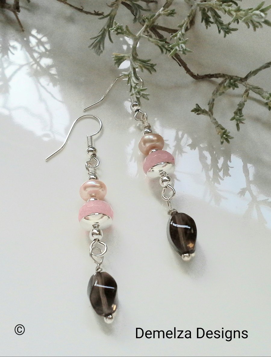 Pink Jade,  Freshwater Pearl & Smokey Quartz Dangle Earrings Silver Plated 
