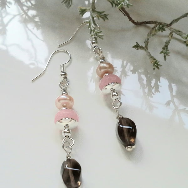 Pink Jade,  Freshwater Pearl & Smokey Quartz Dangle Earrings Silver Plated 