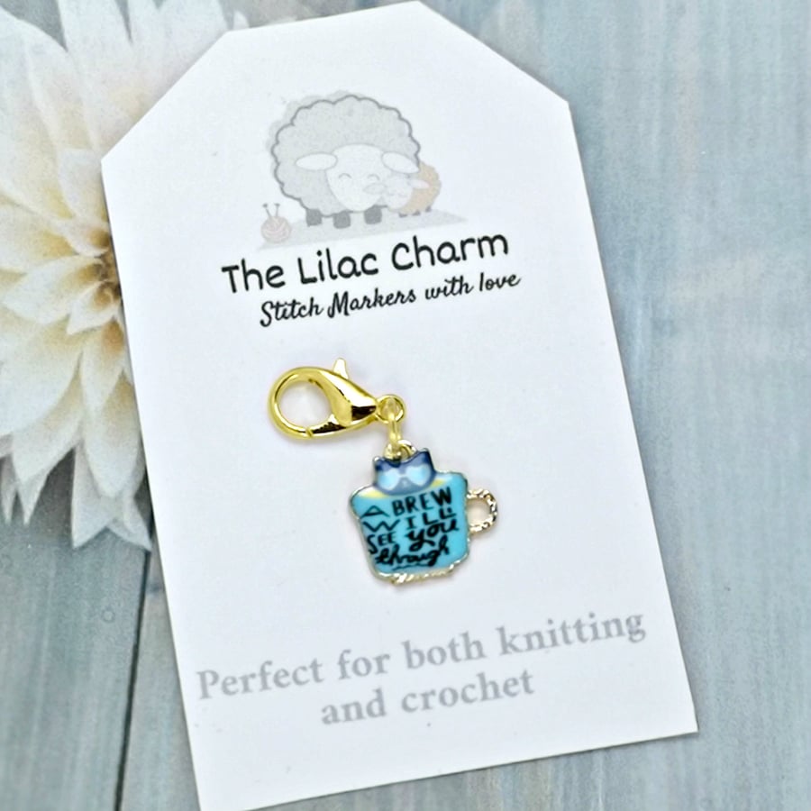 Turquoise Teacup Cat Stitch Marker 