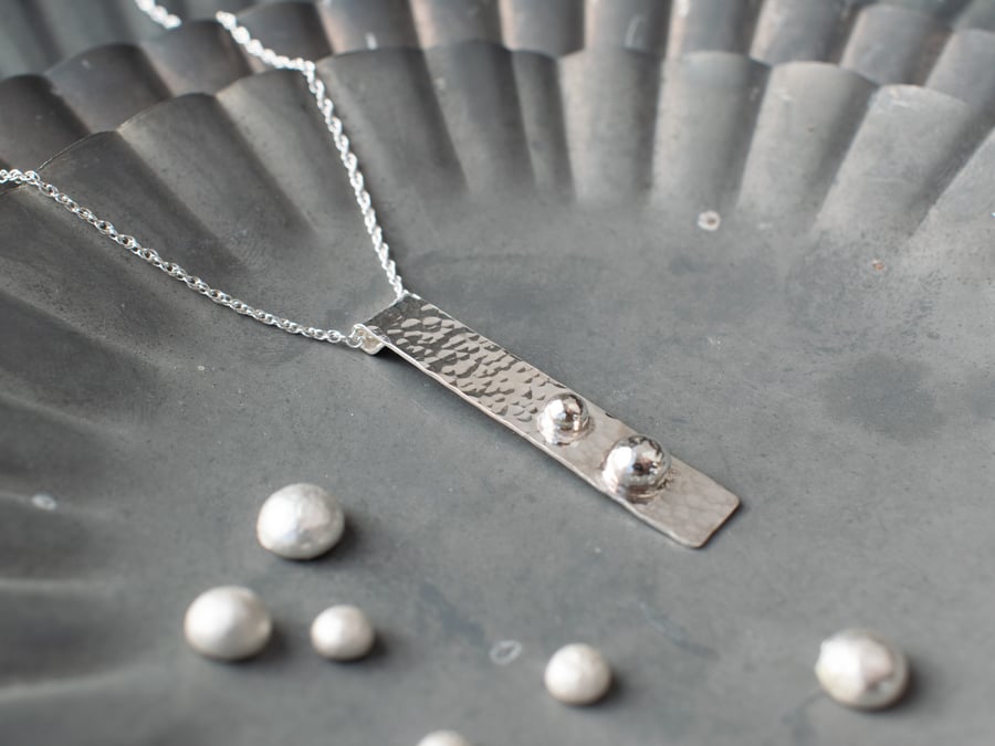 Long Sterling Silver Bar Pendant with Pebble Droplets
