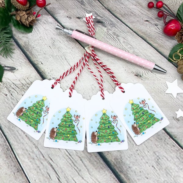 Hedgehog Christmas Tree Gift Tags - set of 4 tags