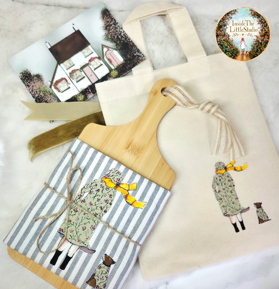 Illustrated Gift Set - tea towel, chopping board, mini tote bag and gift card