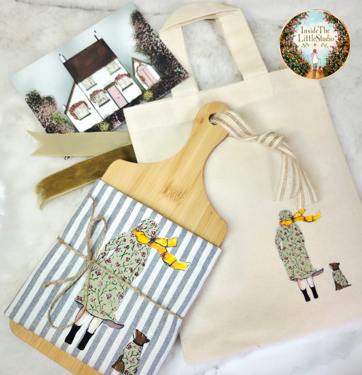Illustrated Gift Set - tea towel, chopping board, mini tote bag and gift card