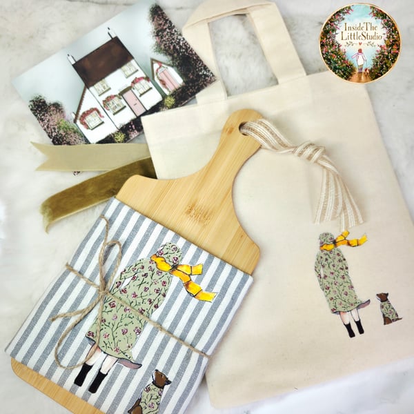 Illustrated Gift Set - tea towel, chopping board, mini tote bag and gift card