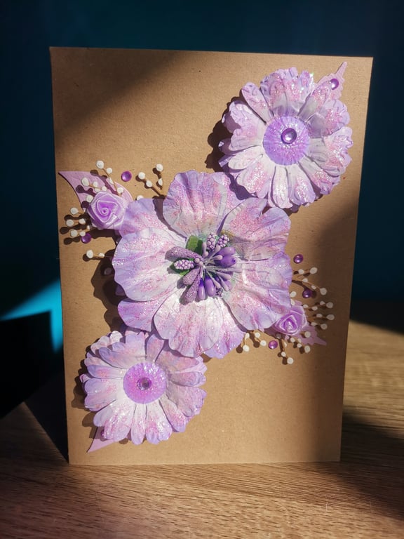 Purple flowers luxury handmade keepsake flower card - Handmade luxury keepsake