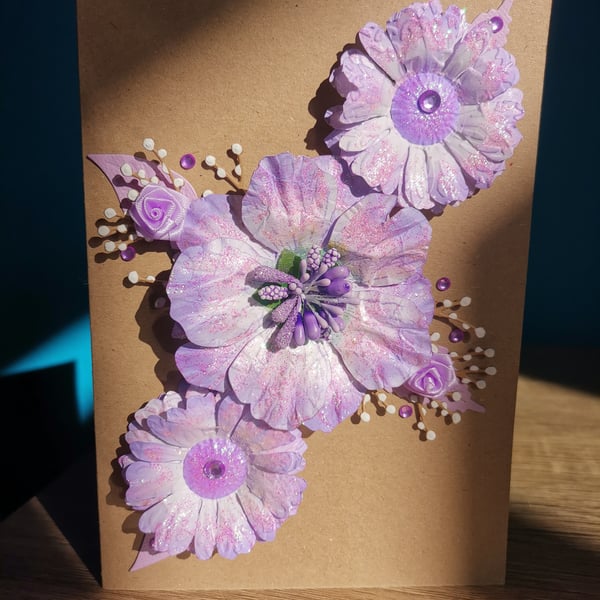 Purple flowers luxury handmade keepsake flower card - Handmade luxury keepsake