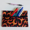 Pencil case for back to school, lined zipper pouch, fabric bag with flames 