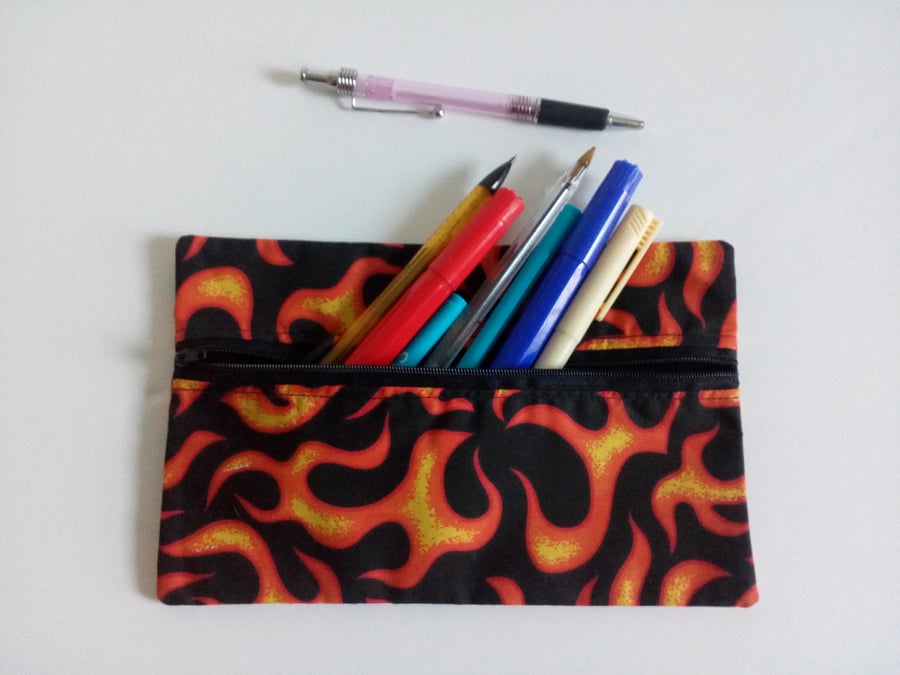 Pencil case for back to school, lined zipper pouch, fabric bag with flames 