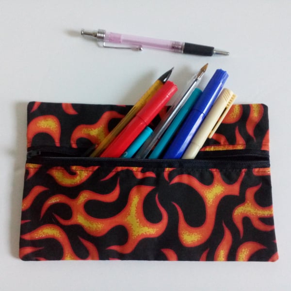 Pencil case for back to school, lined zipper pouch, fabric bag with flames 