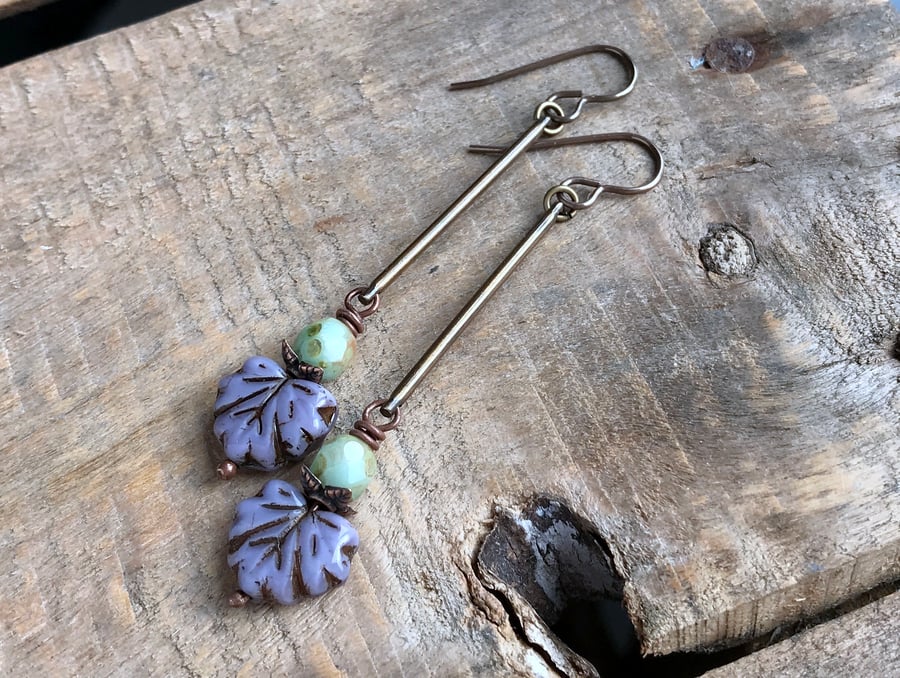 Lilac Czech Glass Maple Leaf Earrings. Purple Leaf Earrings. Brass Earrings