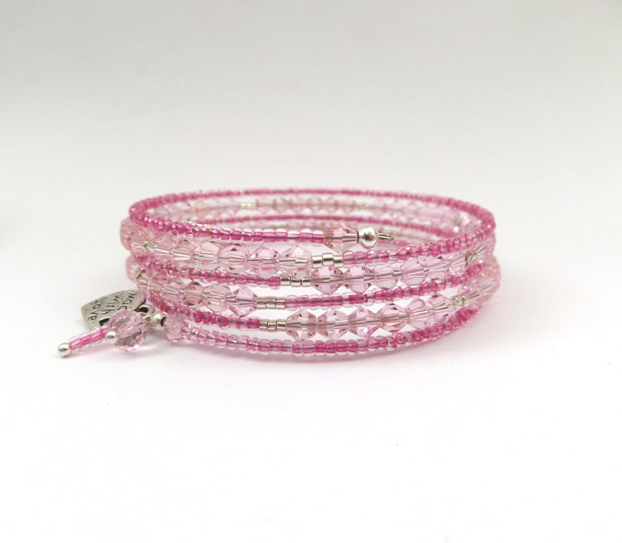 Pink Crystal Beaded Bangle. Pink and Silver, Adjustable