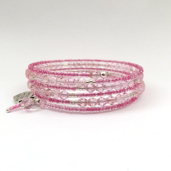 Pink Crystal Beaded Bangle. Pink and Silver, Adjustable