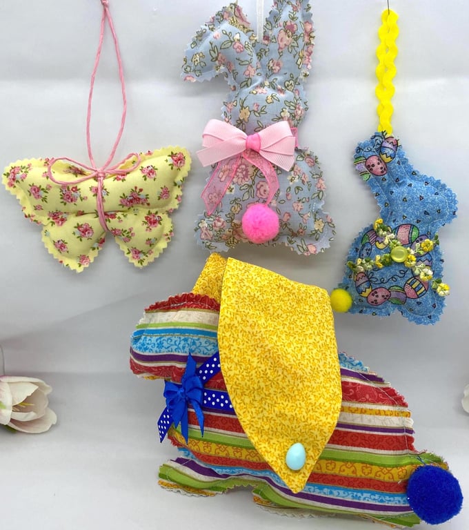 Handmade Easter Decoration Set – Fabric Bunnies & Butterfly (4 Piece)