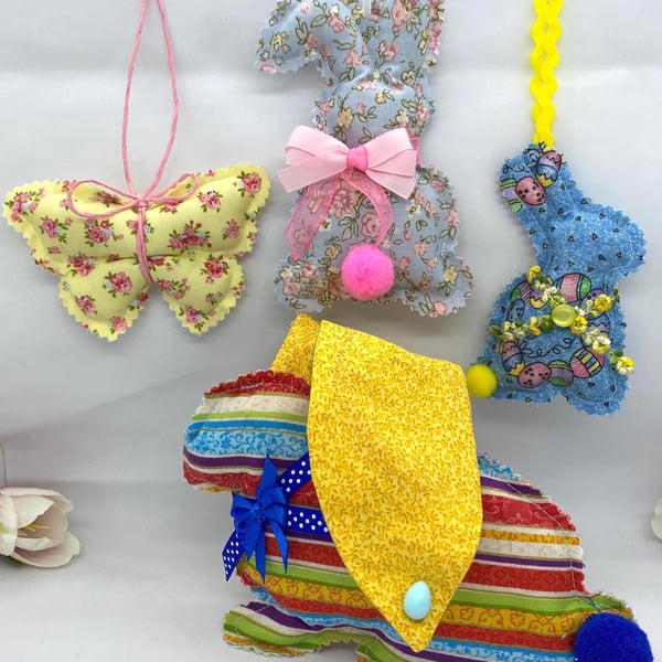 Handmade Easter Decoration Set – Fabric Bunnies & Butterfly (4 Piece)