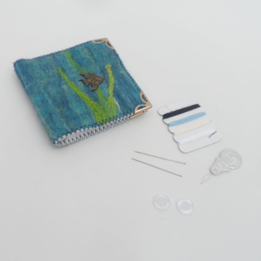 Sea green Felted Needle book, mending kit with accessories
