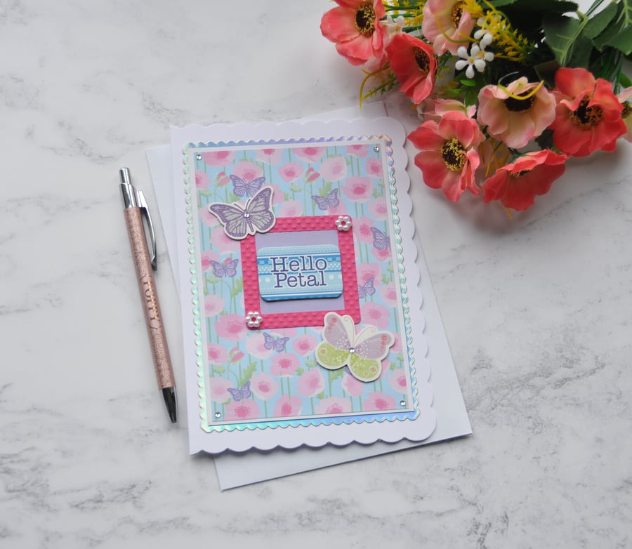 Hello Petal Butterflies Birthday or Any Occasion Card 3D Luxury Handmade Card 