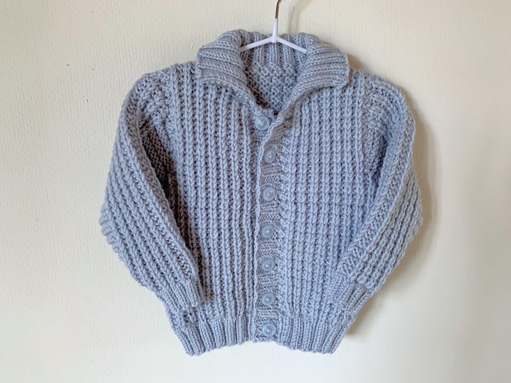 Hand Knit Baby Merino Wool Cardigan - Ice Blue, 19" Chest