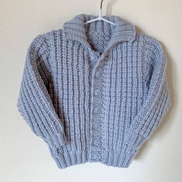 Hand Knit Baby Merino Wool Cardigan - Ice Blue, 19" Chest