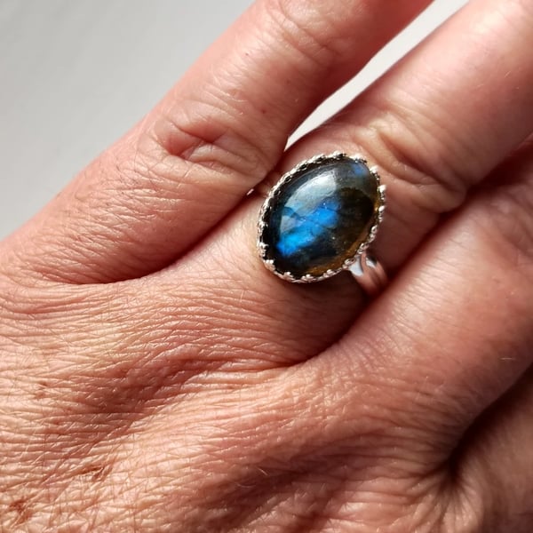 Sterling Silver Blue Flash Labradorite Adjustable Ring Handmade Jewellery Gift