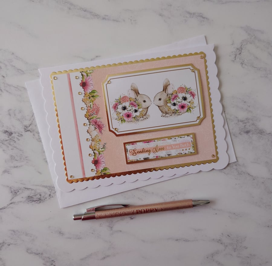 Sending Love To Both Of You Rabbits Flowers 3D Luxury Handmade Card