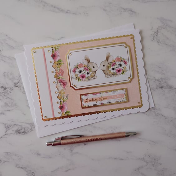 Sending Love To Both Of You Rabbits Flowers 3D Luxury Handmade Card