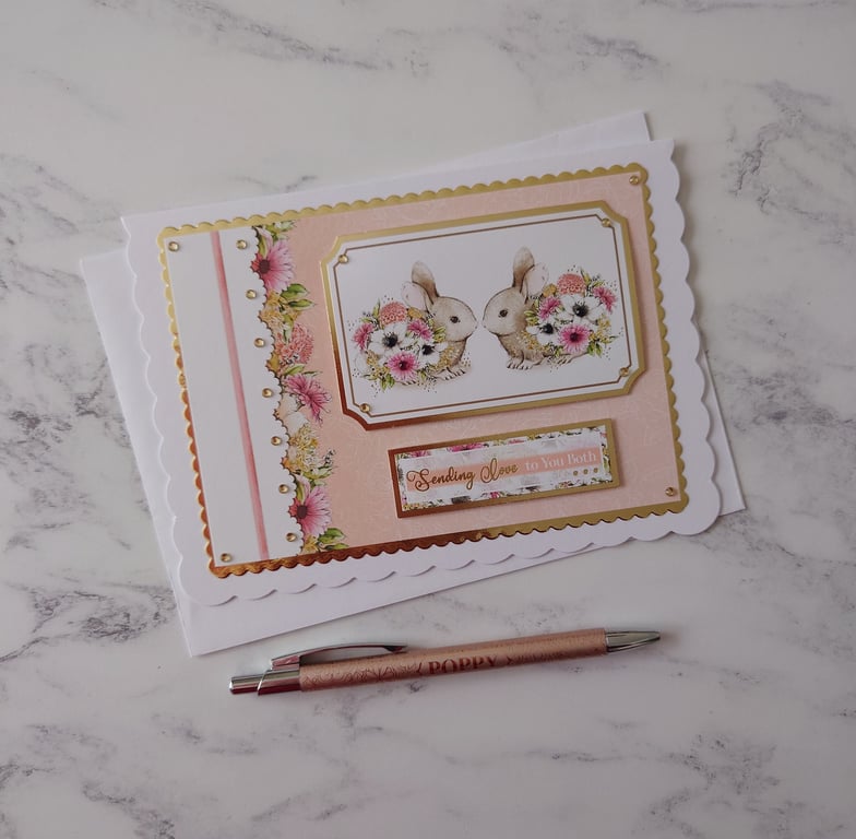 Sending Love To Both Of You Rabbits Flowers 3D Luxury Handmade Card
