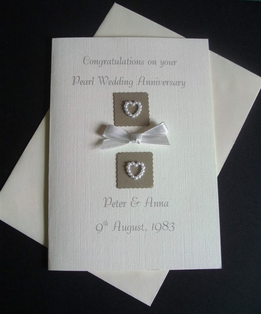 Handmade And Personalised Pearl, 30th Anniversary Card, Pearl hearts. A6