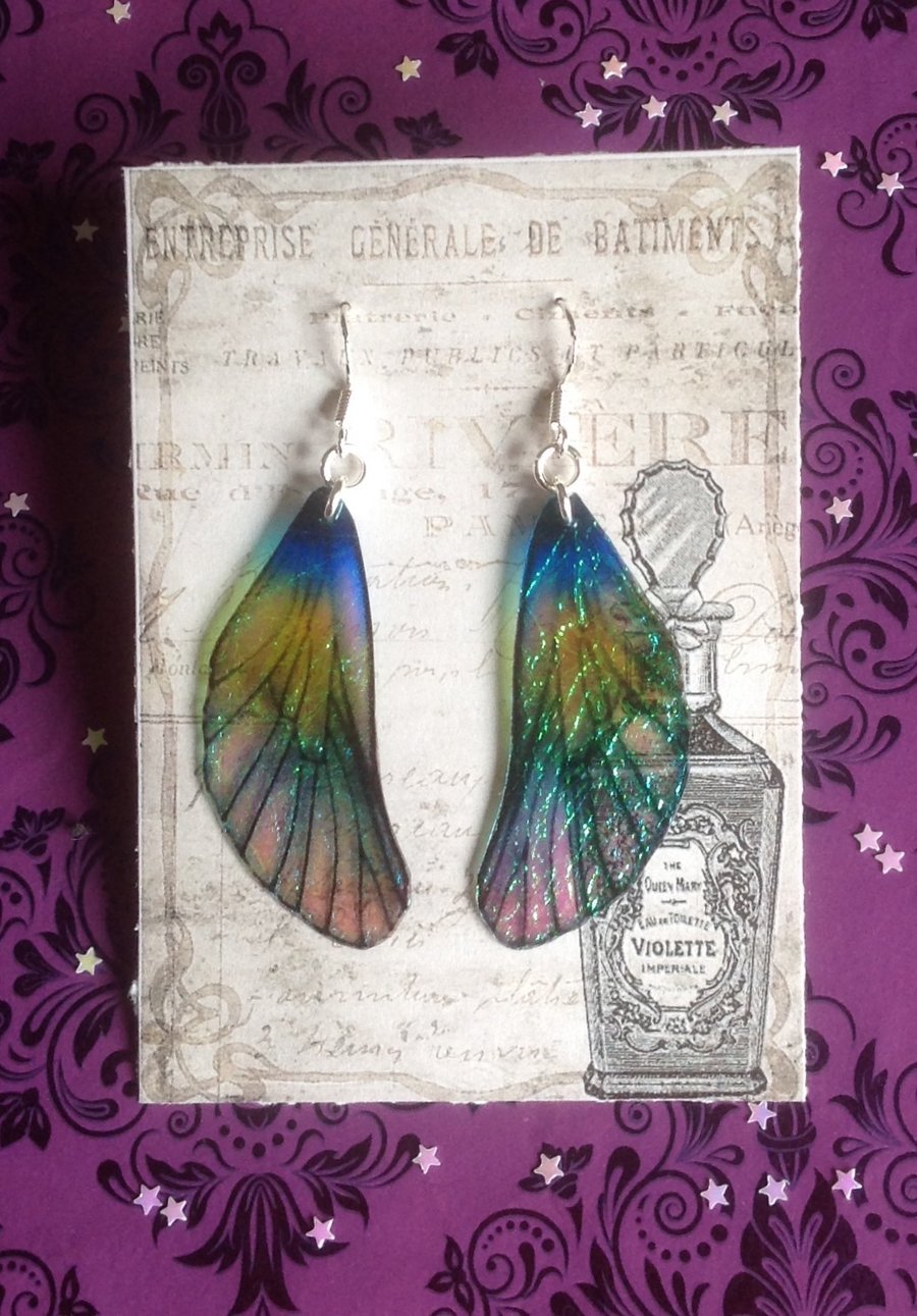 Blue and Green Iridescent Mackintosh Style Fairy Wing Sterling Silver Earrings
