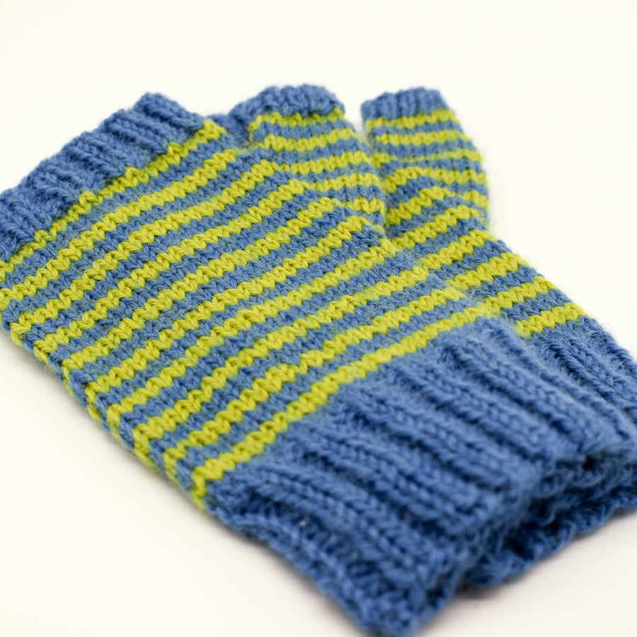 SOLD - Hand Knitted fingerless mittens - Medium - Blue and Green