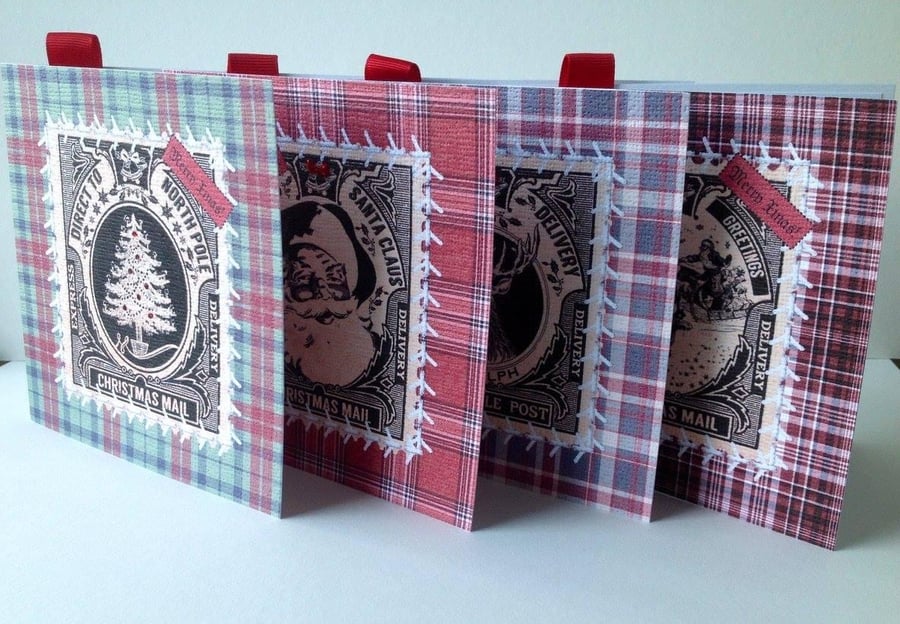 Christmas Card Pk of Four,Vintage Xmas Stamps Design