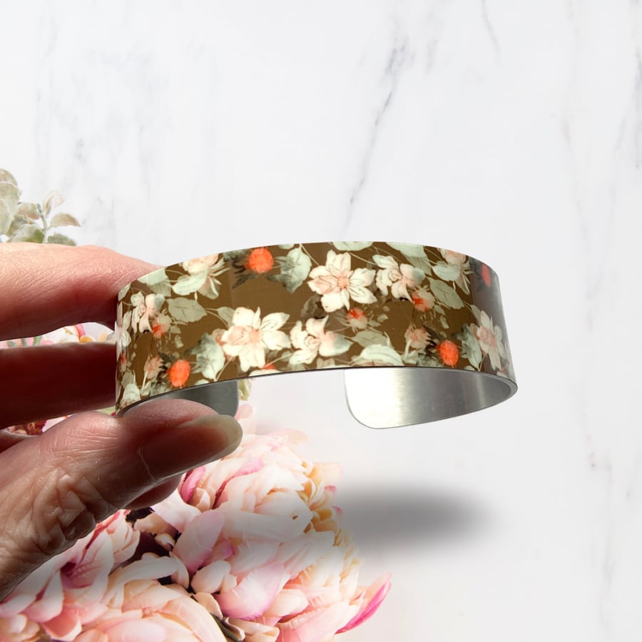 SALE beige nature bangle, floral metal cuff bracelet. Perfectly imperfect