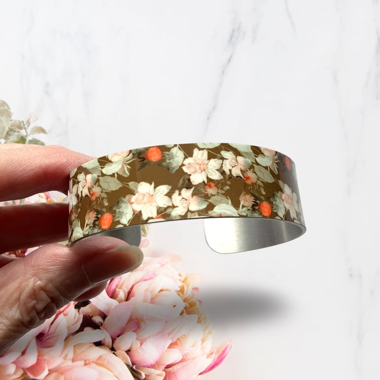 SALE beige nature bangle, floral metal cuff bracelet. Perfectly imperfect