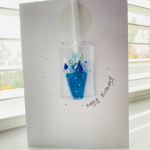 Happy birthday greetings card - fused glass keepsake card