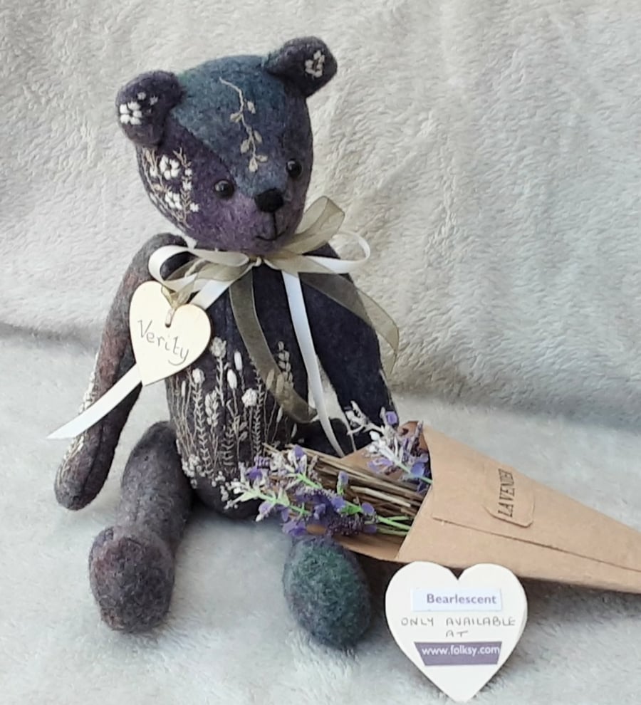 Hand Embroidered Artist Bear, Hand dyed Alpaca Collectable Bear by Bearlescent