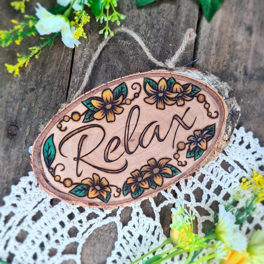Pyrography wood plaque 'Relax' 