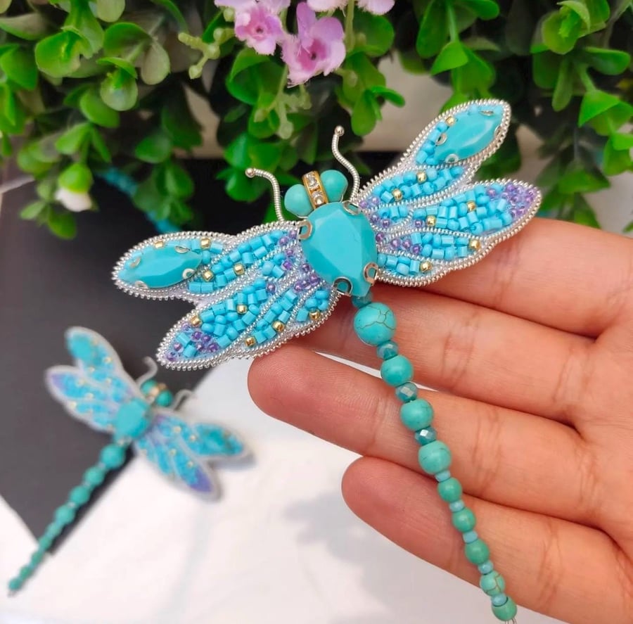 Handmade Turquoise Dragonfly Brooch, Beaded Statement Pin, Unique Nature-Inspire