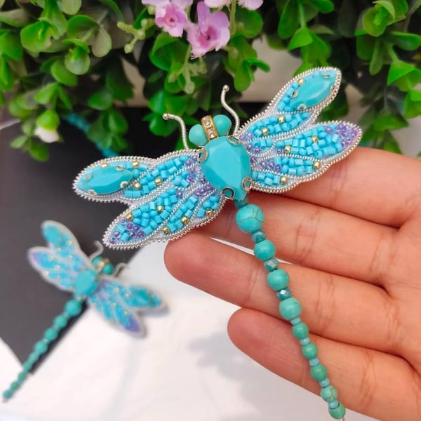 Handmade Turquoise Dragonfly Brooch, Beaded Statement Pin, Unique Nature-Inspire