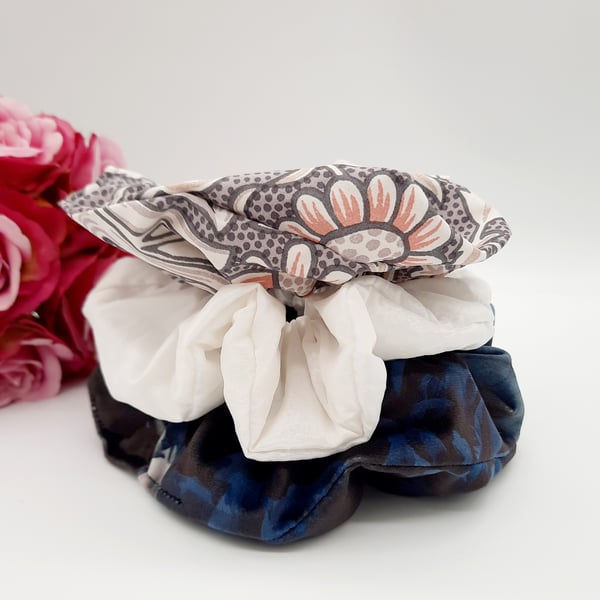 White satin, blue velour and William morris large scrunchie set of 3. 