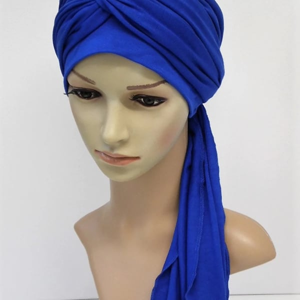 Royal blue head wear for women chemo turban viscose jersey headscarf