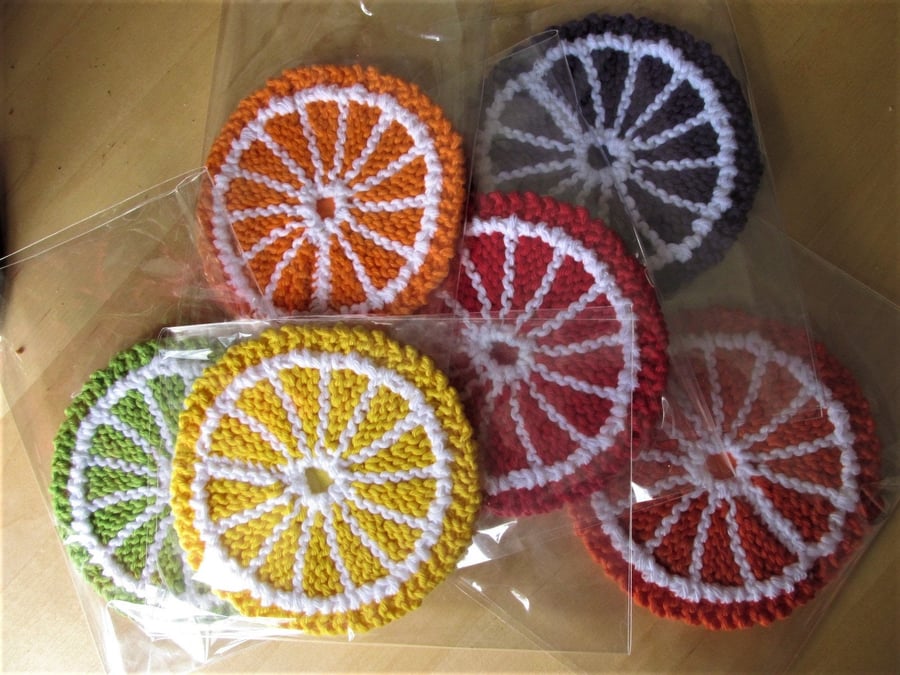 Fruit Slice Coaster, Picnic Coasters, Felt Back Coffee Mug Mat, Hand Knitted Coa